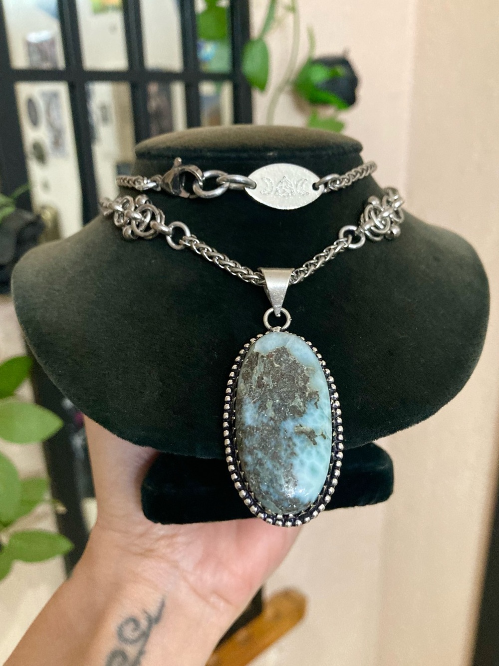 Amazonite gemstone oval cabochon boho Celtic knot stainless steel necklace
